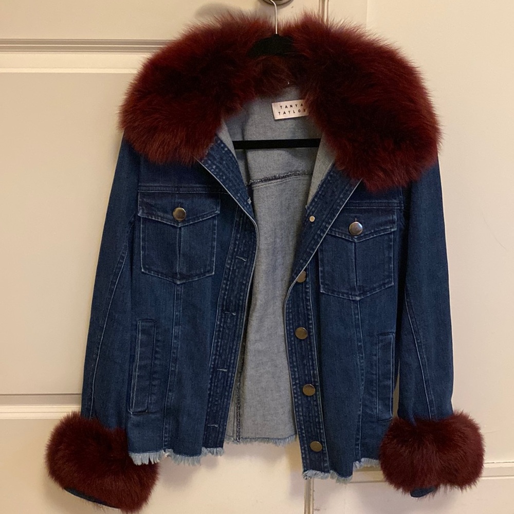 Tanya taylor denim jacket with removable fur trim